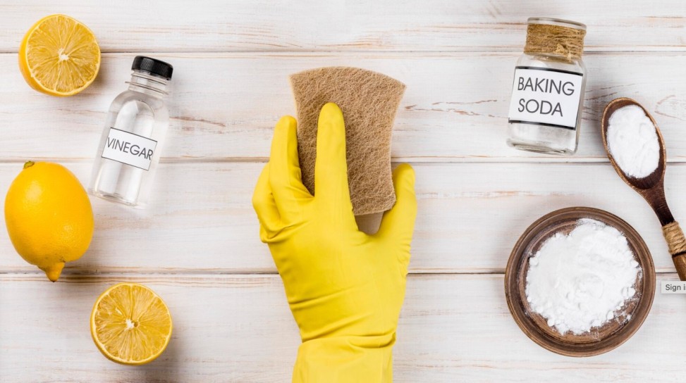 DIY carpet cleaning supplies - vinegar, baking soda, cloths for coffee stain removal