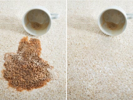 Before and after carpet cleaning showing coffee stain removal success