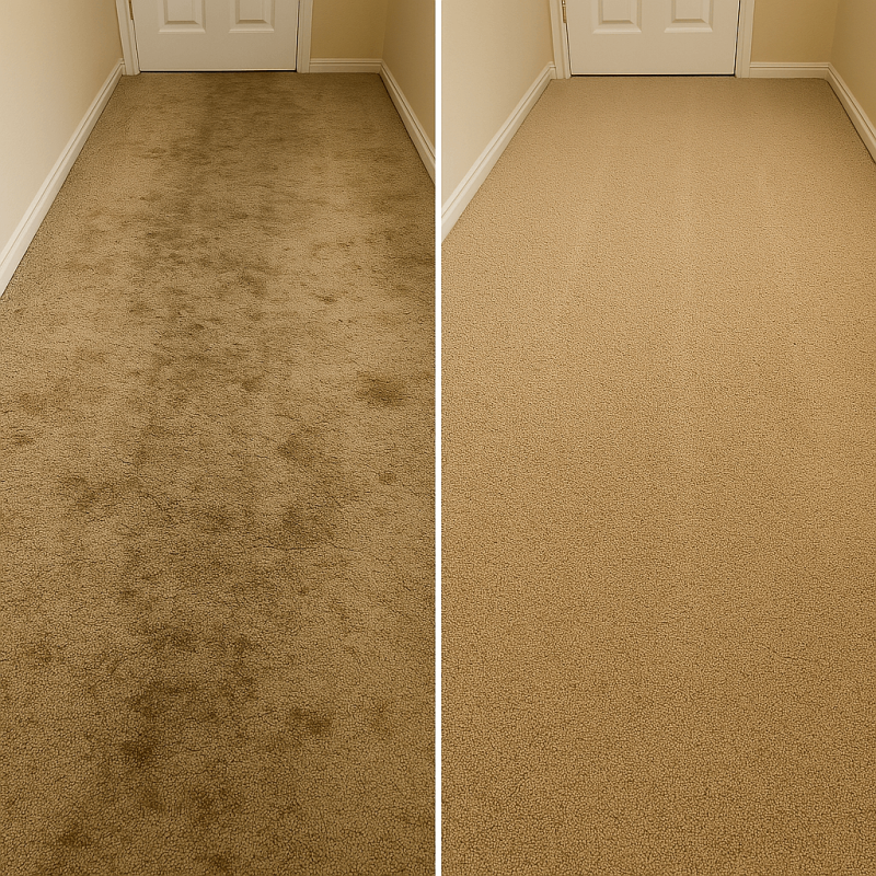 Side-by-side comparison of carpet condition: left side shows severely worn carpet with visible traffic patterns, stains, matted fibers, and faded areas; right side shows the same carpet type but well-maintained with vibrant colors and plush texture.