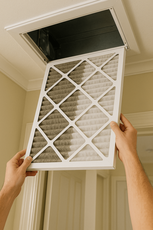 Person removing a dirty, gray air filter and replacing it with a clean white one