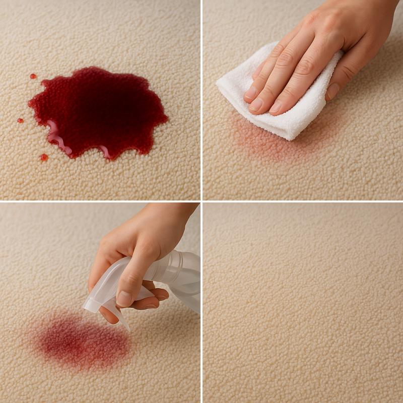 Step-by-step spill cleaning sequence showing 4 panels: 1) Red wine spill on beige carpet, 2) Person blotting with white cloth from outside in, 3) Applying cleaning solution, 4) Final clean carpet result. Professional photography style, good lighting, educational infographic layout.
