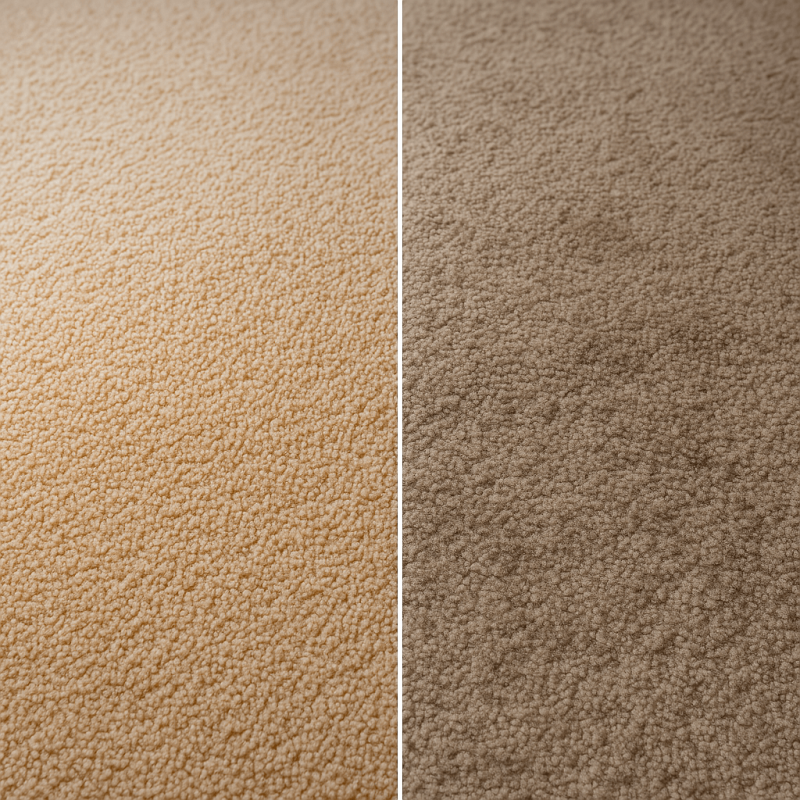 Split-screen comparison image showing the same carpet - left side: well-maintained carpet with vibrant colors, clean fibers, and plush texture; right side: neglected carpet with faded colors, matted fibers, visible stains and wear patterns