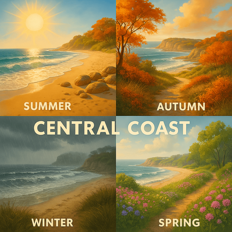 Collage showing the Central Coast of NSW throughout the year. Four panels showing: summer beach scene with bright sun, autumn coastal landscape with changing colors, winter scene with rain and gray skies, spring with blooming flowers and fresh greenery. Each panel should represent carpet maintenance challenges for that season. Artistic, bright, Australian coastal scenery."