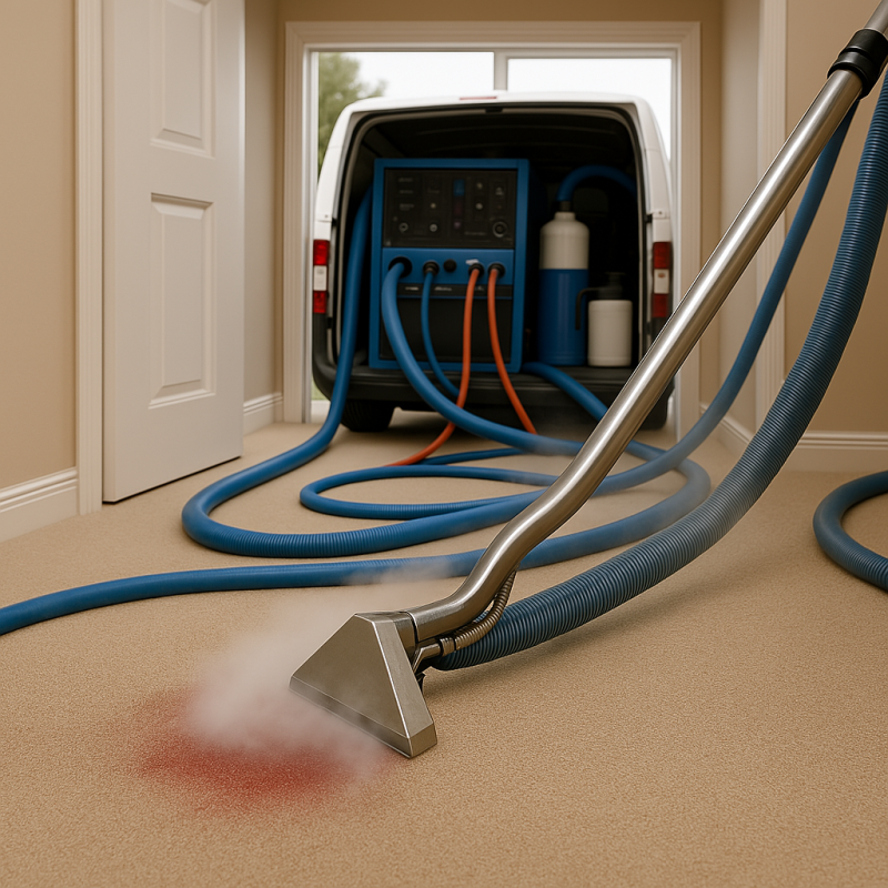 Professional carpet cleaning truck-mounted equipment in action