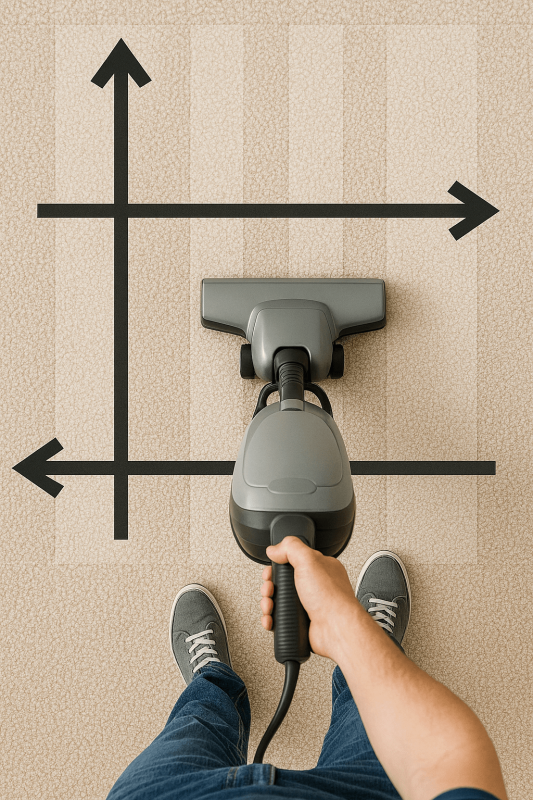 Proper carpet vacuuming technique. Show a person using an upright vacuum cleaner creating a crosshatch pattern on a neutral-colored carpet. Include directional arrows overlaid on the image showing north-south and east-west vacuum paths.