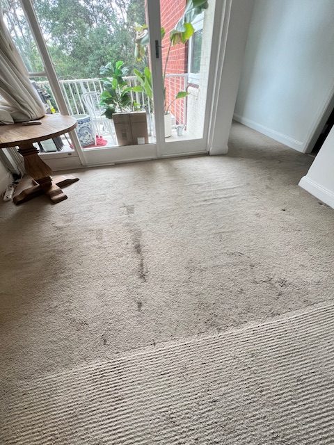 Stained guest room carpet before professional steam cleaning in Avoca Beach
